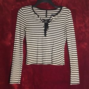 Black and White Stripped Lace Up Long Sleeve Shirt